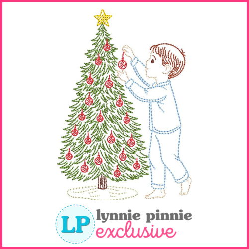 Vintage Stitch Tree Decorating Boy Christmas Embroidery Design File 4x4 5x7 6x10 7x11
