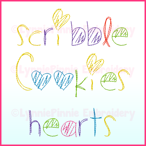 Scribble Hearts Font Triple Sketch DIGITAL Embroidery Machine File -- 3 sizes + BX