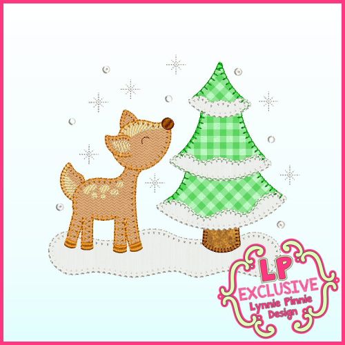 Snowy winter Deer with Tree Bold Blanket Stitch Applique Machine Embroidery Design File 4x4 5x7 6x10