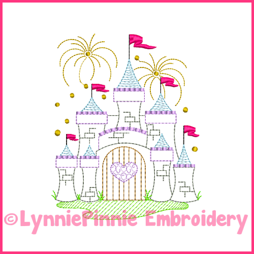 Fancy ColorWork Castle with Fireworks Embroidery Design 4x4 5x7 6x10 7x11